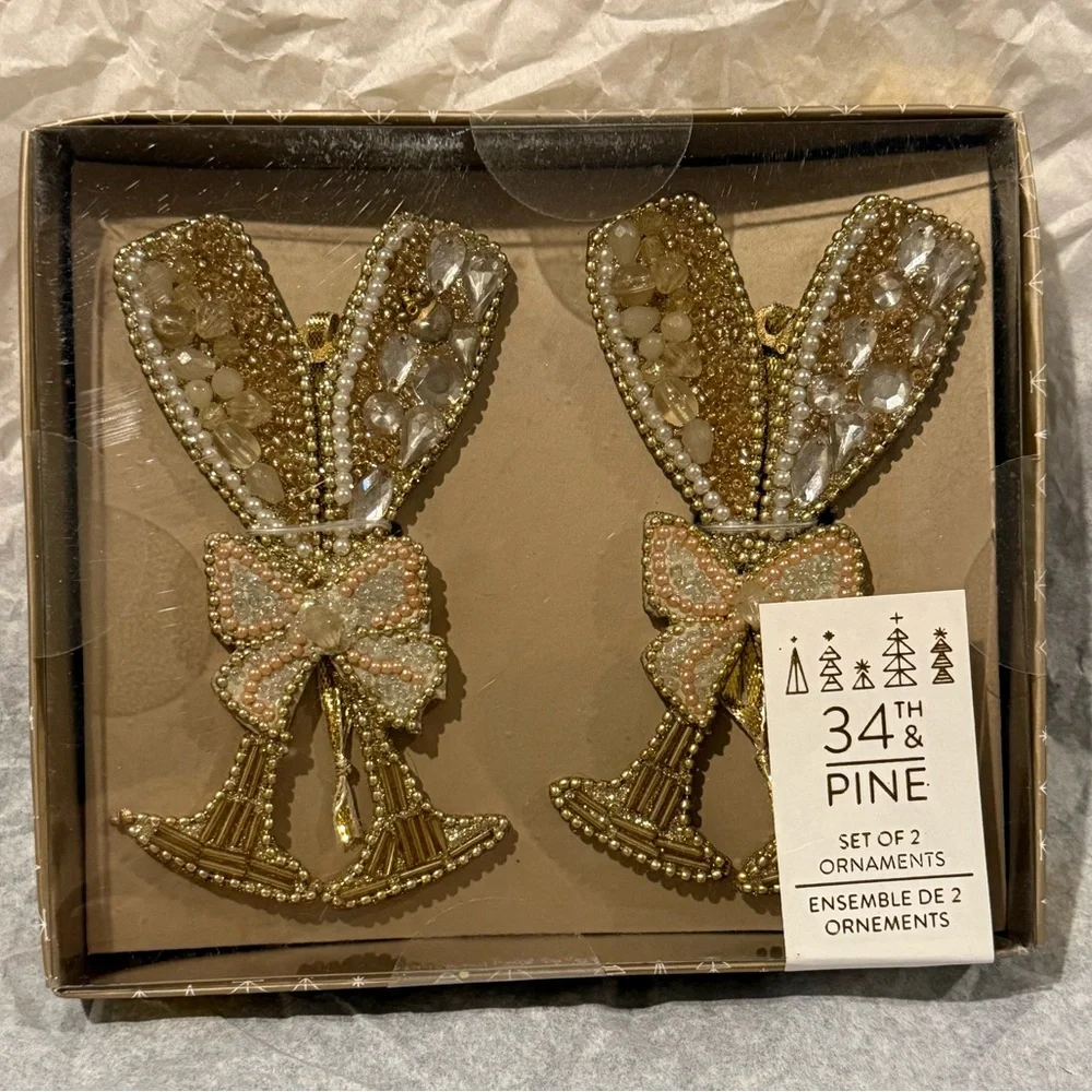 34th & Pine Set of 2 Gold and Cream Beaded Ornaments - Champagne Glasses NIB